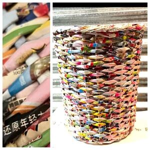 Vintage 🌈 Handmade Woven Recycled Magazines Office Trash Can Waste Bin Basket